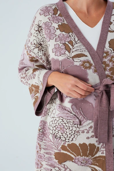 Peraluna Çicek Desenli Bol Kesim Pamuklu Kadın Triko Kimono - Mor - 6