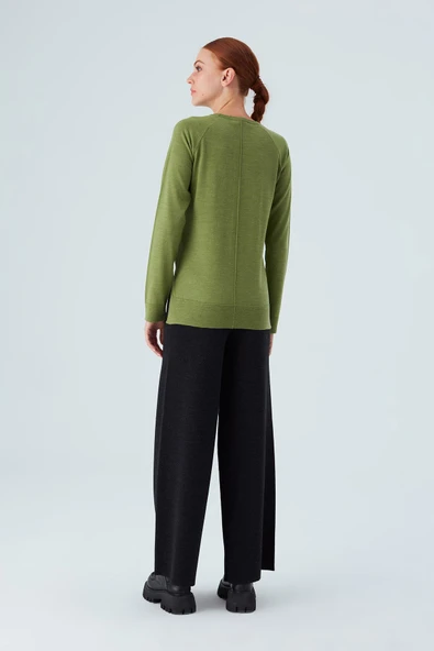Peraluna VANESSA PULLOVER Merino Yünlü Yanları Yırtmaçlı Ince Kadın Triko Kazak - Yeşil - Resim 8
