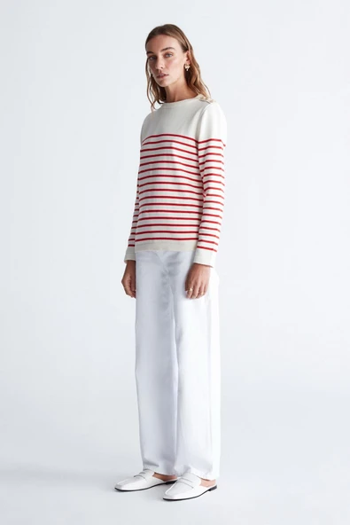 Styleboom X Peraluna AUDREY PULLOVER Omzu Düğmeli Çizgili Organik Pamuk Mevsimlik Kadın Triko Kazak - Ekru/Kırmızı - Resim 9