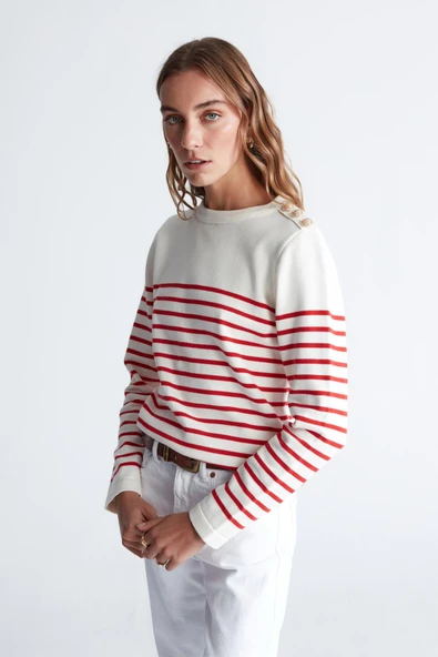 Styleboom X Peraluna AUDREY PULLOVER Omzu Düğmeli Çizgili Organik Pamuk Mevsimlik Kadın Triko Kazak - Ekru/Kırmızı - Resim 4