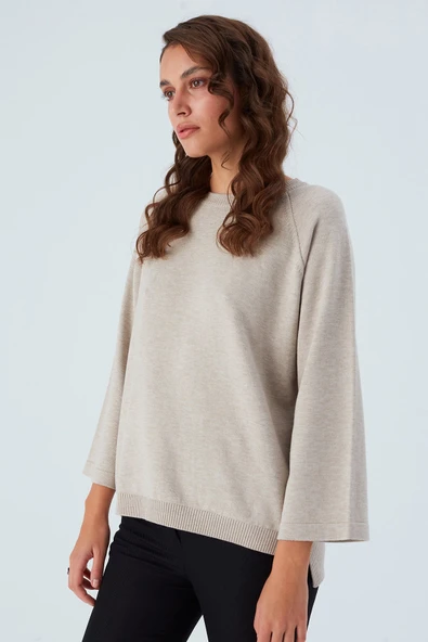 Peraluna NELL PULLOVER Yanları Yırtmaçlı 3/4 Kol İnce Kadın Triko Kazak - Bej Melanj - Resim 7