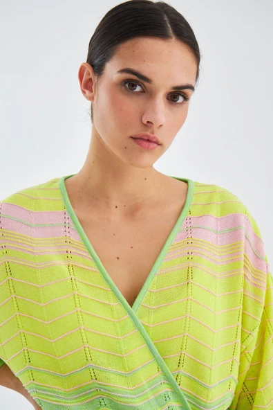 Peraluna SAKURA Çan Kollu Viskonlu Yazlık Kadın Triko Kimono - Lime Melanj - 3