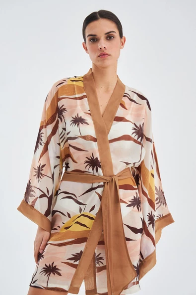Peraluna SAHRA KIMONO Güneş Desenli 90 CM Şifon Yazlık Kadın Kimono - Kahve/Bej - 2
