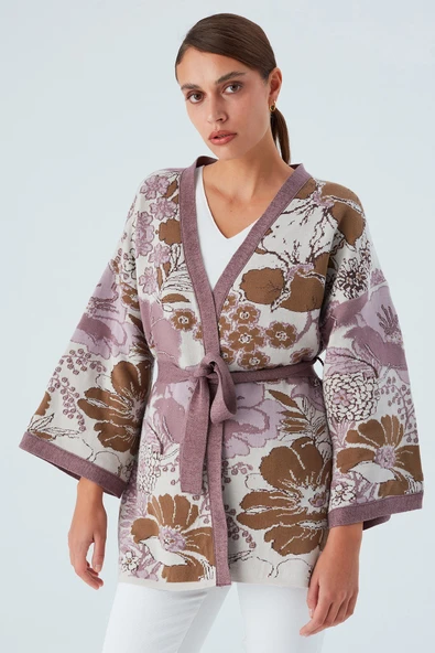 Peraluna Çicek Desenli Bol Kesim Pamuklu Kadın Triko Kimono - Mor - 7
