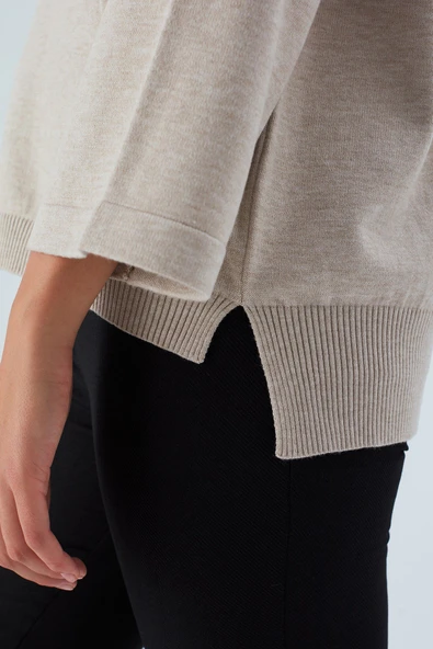 Peraluna NELL PULLOVER Yanları Yırtmaçlı 3/4 Kol İnce Kadın Triko Kazak - Bej Melanj - Resim 4