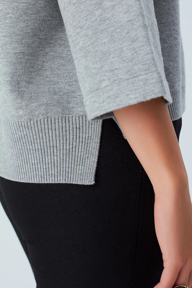 Peraluna NELL PULLOVER Yanları Yırtmaçlı 3/4 Kol İnce Kadın Triko Kazak - Gri Melanj - Resim 4