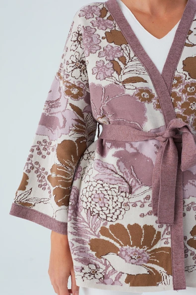 Peraluna Çicek Desenli Bol Kesim Pamuklu Kadın Triko Kimono - Mor - 5