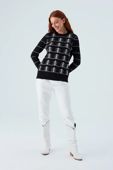 Peraluna GEMINI PULLOVER Ağaç Desenli Standart Kesim Kadın Triko Kazak - Siyah/Ekru