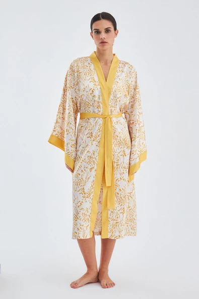 Peraluna SİTARA KIMONO Desenli 120 CM Saten Yazlık Kadın Kimono - Hardal/Ekru