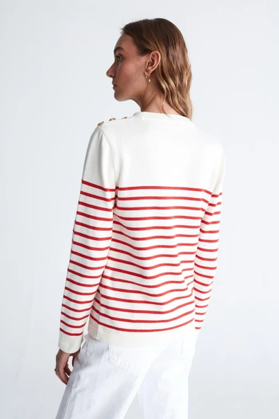 Styleboom X Peraluna AUDREY PULLOVER Omzu Düğmeli Çizgili Organik Pamuk Mevsimlik Kadın Triko Kazak - Ekru/Kırmızı - Resim 10
