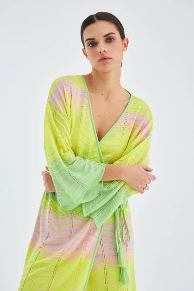 Peraluna SAKURA Çan Kollu Viskonlu Yazlık Kadın Triko Kimono - Lime Melanj - 5