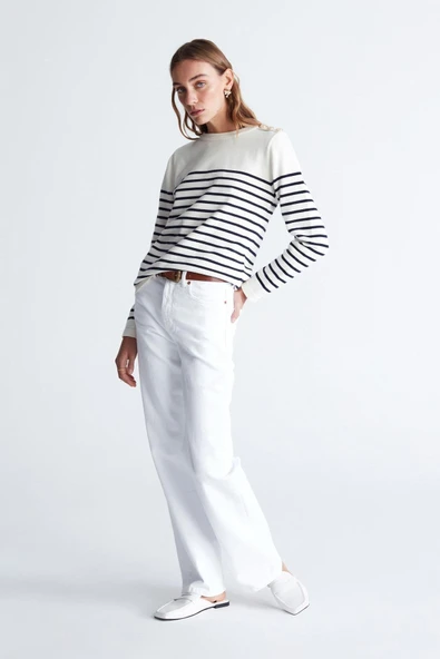 Styleboom X Peraluna AUDREY PULLOVER Omzu Düğmeli Çizgili Organik Pamuk Mevsimlik Kadın Triko Kazak - Ekru/Lacivert - 4