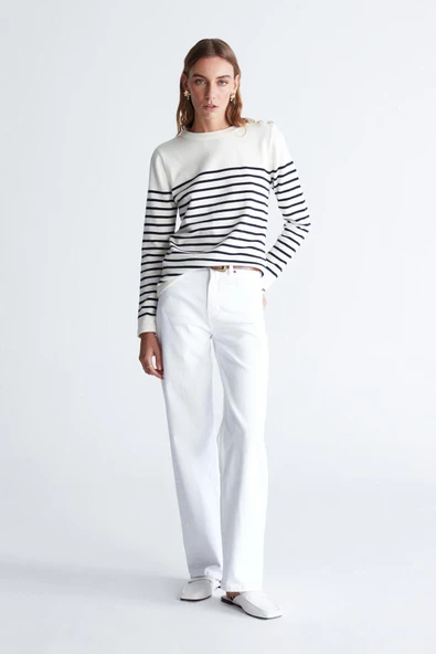 Styleboom X Peraluna AUDREY PULLOVER Omzu Düğmeli Çizgili Organik Pamuk Mevsimlik Kadın Triko Kazak - Ekru/Lacivert - Resim 2