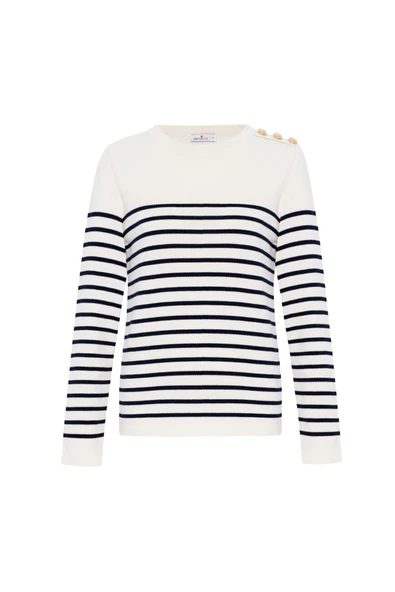 Styleboom X Peraluna AUDREY PULLOVER Omzu Düğmeli Çizgili Organik Pamuk Mevsimlik Kadın Triko Kazak - Ekru/Lacivert - 9