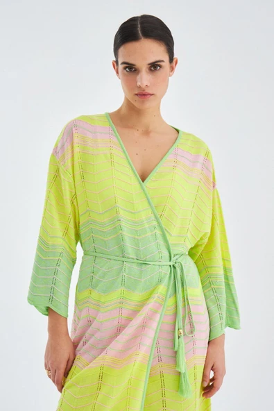 Peraluna SAKURA Çan Kollu Viskonlu Yazlık Kadın Triko Kimono - Lime Melanj - 2