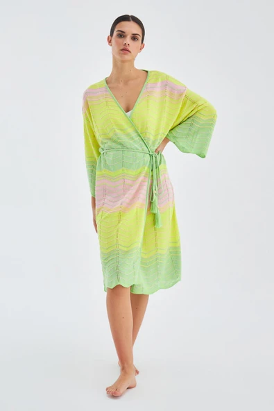 Peraluna SAKURA Çan Kollu Viskonlu Yazlık Kadın Triko Kimono - Lime Melanj