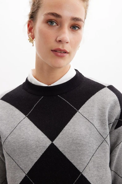 Styleboom X Peraluna OXFORD PULLOVER Bisiklet Yaka Baklava Desen Kadın Triko Kazak - Siyah - 4