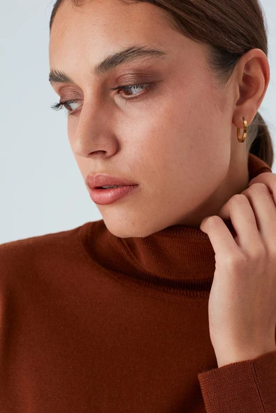 Peraluna VALERIA PULLOVER Boğazlı İnce Kadın Triko Kazak - Kahve - Resim 6