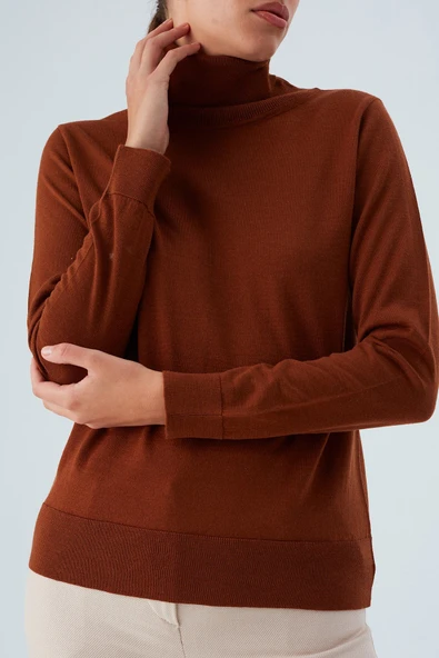 Peraluna VALERIA PULLOVER Boğazlı İnce Kadın Triko Kazak - Kahve - Resim 3