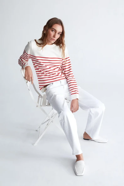 Styleboom X Peraluna AUDREY PULLOVER Omzu Düğmeli Çizgili Organik Pamuk Mevsimlik Kadın Triko Kazak - Ekru/Kırmızı - Resim 7