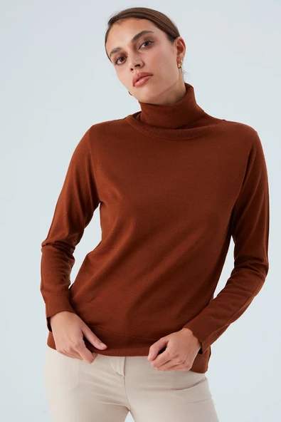 Peraluna VALERIA PULLOVER Boğazlı İnce Kadın Triko Kazak - Kahve - Resim 2