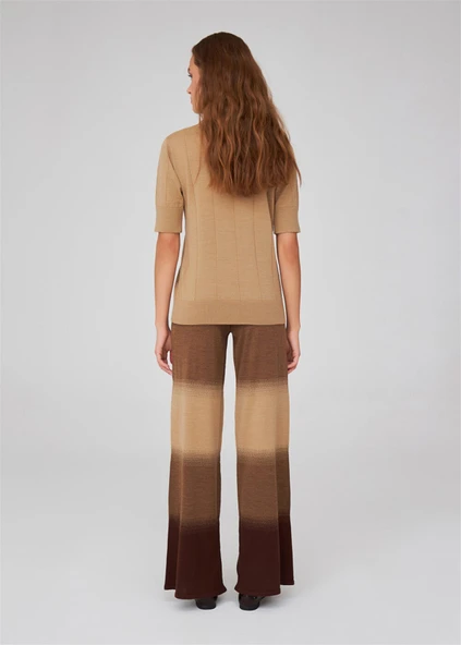 Peraluna Organik Pamuk Karışım Yüksek Bel Boru Paça Kadın Triko Pantolon - Kahve/Camel Melanj - Resim 5