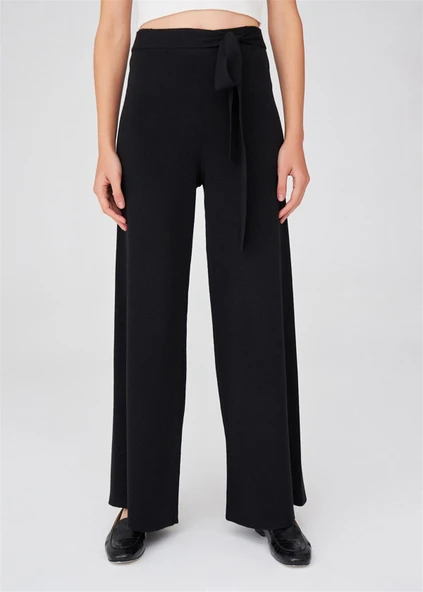 Peraluna Boru Paça Yüksek Bel Kadın Triko Pantolon - Siyah - Resim 3