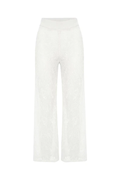 Peraluna EMMA TROUSER Dantel Desen Örgülü Geniş Midi Boy Kadın Triko Pantolon - Ekru - Resim 10