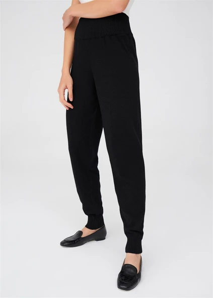 Peraluna Yüksek Bel Dar Paça Kaşmir Karışım Fit Kadın Triko Pantolon - Siyah - Resim 5