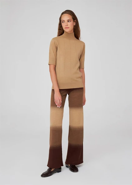 Peraluna Organik Pamuk Karışım Yüksek Bel Boru Paça Kadın Triko Pantolon - Kahve/Camel Melanj - Resim 4