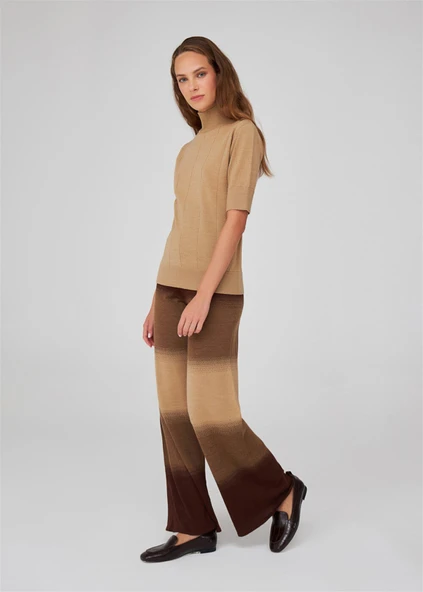 Peraluna Organik Pamuk Karışım Yüksek Bel Boru Paça Kadın Triko Pantolon - Kahve/Camel Melanj - Resim 6