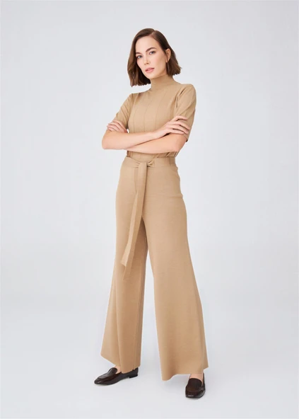 Peraluna Boru Paça Yüksek Bel Kadın Triko Pantolon - Camel Melanj - 2