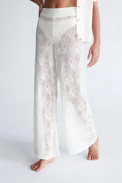 Peraluna EMMA TROUSER Dantel Desen Örgülü Geniş Midi Boy Kadın Triko Pantolon - Ekru - Resim 6