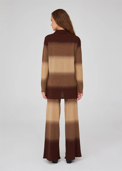 Peraluna Organik Pamuk Karışım Yüksek Bel Boru Paça Kadın Triko Pantolon - Kahve/Camel Melanj - Resim 3