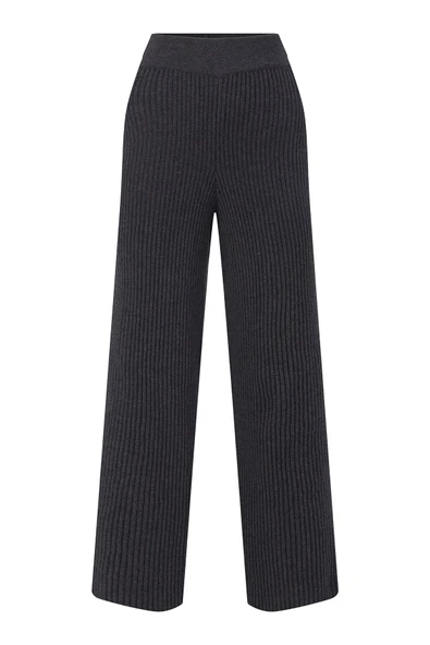 Peraluna Bol Kesim Kaşmir Karışım Boru Paça Kadın Triko Pantolon - Antrasit - Resim 9