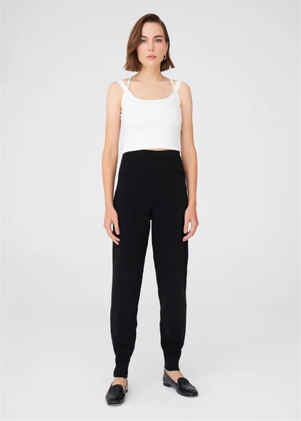 Peraluna Yüksek Bel Dar Paça Kaşmir Karışım Fit Kadın Triko Pantolon - Siyah ürün görseli 1