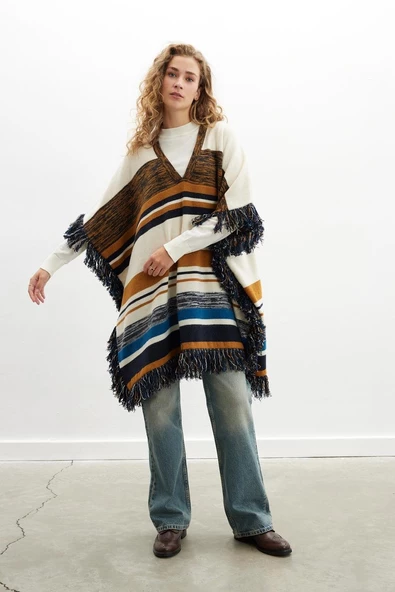 Peraluna MELODY PONCHO Çizgili Yün Karışım Diz Boy Püsküllü Kadın Triko Panço - Multi - Resim 2
