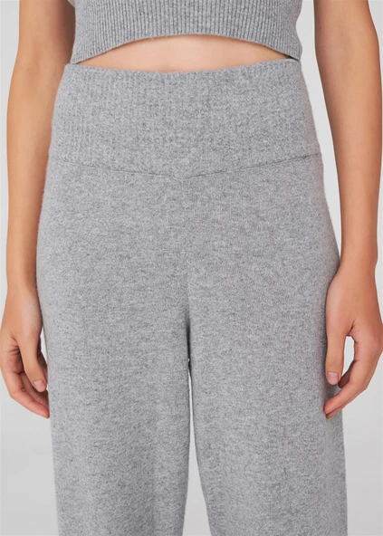Peraluna Yüksek Bel Dar Paça Kaşmir Karışım Fit Kadın Triko Pantolon - Gri Melanj - 8