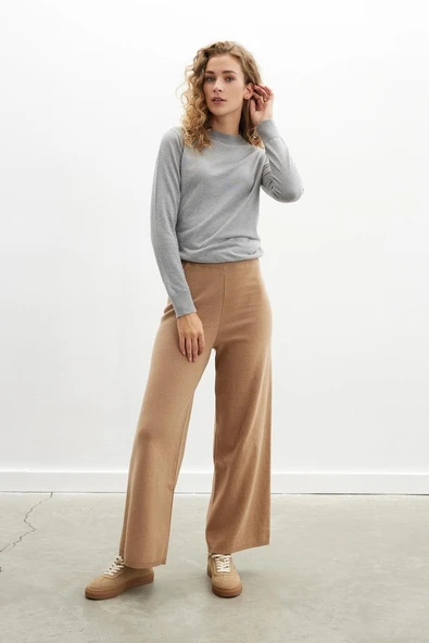 Peraluna DENISE TROUSER Rahat Kalıp Pamuk-Yün Karşım Kadın Triko Pantolon - Camel - Resim 2