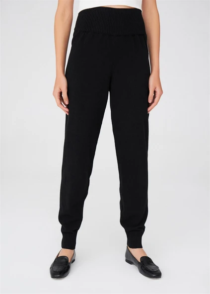 Peraluna Yüksek Bel Dar Paça Kaşmir Karışım Fit Kadın Triko Pantolon - Siyah - Resim 2