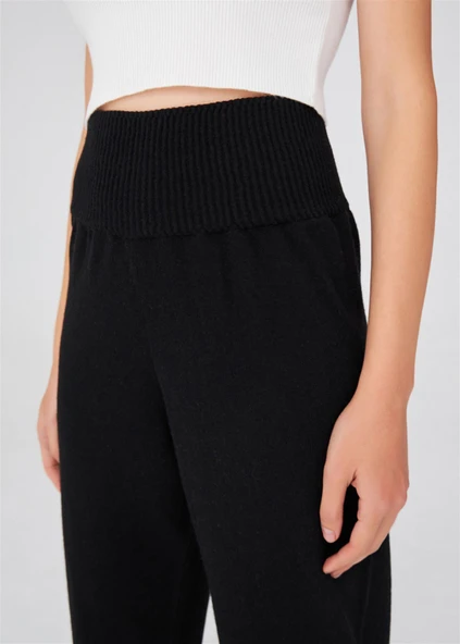 Peraluna Yüksek Bel Dar Paça Kaşmir Karışım Fit Kadın Triko Pantolon - Siyah - Resim 6
