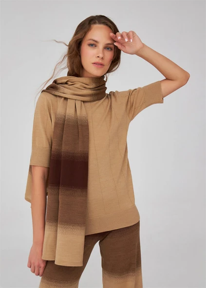 Peraluna Organik Pamuk Karışım Yüksek Bel Boru Paça Kadın Triko Pantolon - Kahve/Camel Melanj - Resim 2