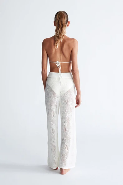 Peraluna EMMA TROUSER Dantel Desen Örgülü Geniş Midi Boy Kadın Triko Pantolon - Ekru - Resim 9