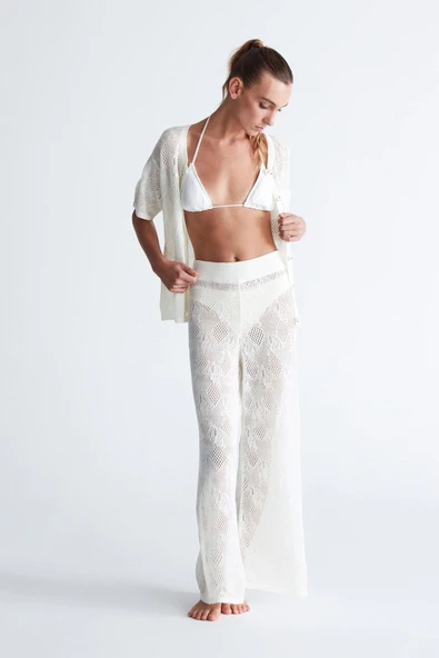 Peraluna EMMA TROUSER Dantel Desen Örgülü Geniş Midi Boy Kadın Triko Pantolon - Ekru - 4