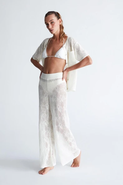 Peraluna EMMA TROUSER Dantel Desen Örgülü Geniş Midi Boy Kadın Triko Pantolon - Ekru - Resim 2