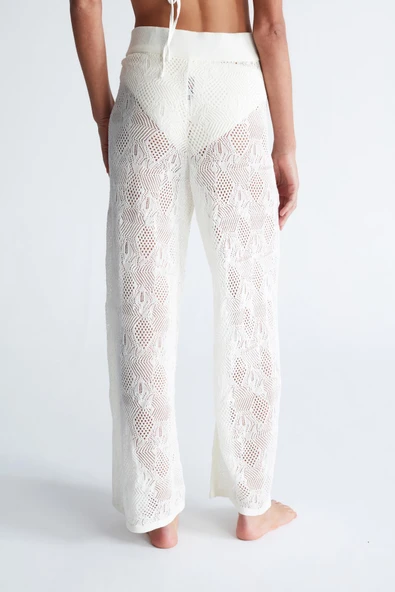 Peraluna EMMA TROUSER Dantel Desen Örgülü Geniş Midi Boy Kadın Triko Pantolon - Ekru - Resim 8