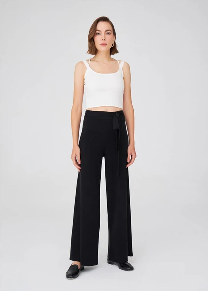 Peraluna Boru Paça Yüksek Bel Kadın Triko Pantolon - Siyah ürün görseli 1