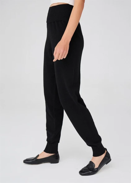 Peraluna Yüksek Bel Dar Paça Kaşmir Karışım Fit Kadın Triko Pantolon - Siyah - Resim 3