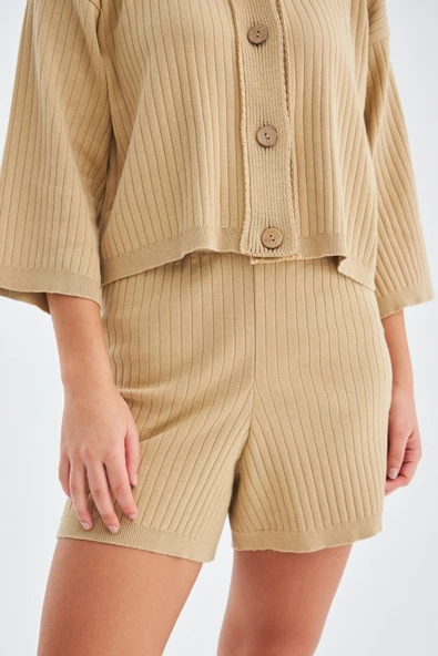 Peraluna MUJO CARDIGAN & SHORTS %100 Pamuk Kadın Triko Şort Takım - Bej - 3