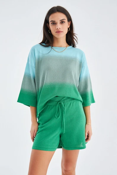 Peraluna SİRİ BLOUSE & SHORTS Yazlık Triko Kadın Şort Takım - Nil Yeşili - 2